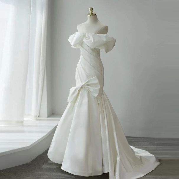 off the Shoulder Satin Mermaid Wedding Dress French Minimalist Style Elegant Gown with Train Super Fairy like Welcome Dress_ecoleips.com