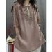 Women's Retro Embroidered Shirt Casual Literary Pullover Top Mid-Length Loose Fit Summer Heavy-Duty Cotton Linen_ecoleips.com