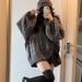 girl Plus Size Lazy Style Retro V-Neck Loose Gray Cable Knit Sweater For Women Autumn Winter Outerwear Versatile Thick_ecoleips.com