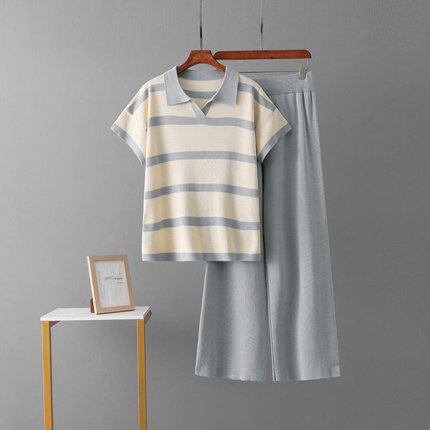 Women's Summer Color-Block Striped Polo Collar Top And Wide Leg Pants Two-Piece Set Casual Fashion Knitwear Short-Sleeved Loose Fit_ecoleips.com
