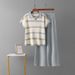 Women's Summer Color-Block Striped Polo Collar Top And Wide Leg Pants Two-Piece Set Casual Fashion Knitwear Short-Sleeved Loose Fit_ecoleips.com