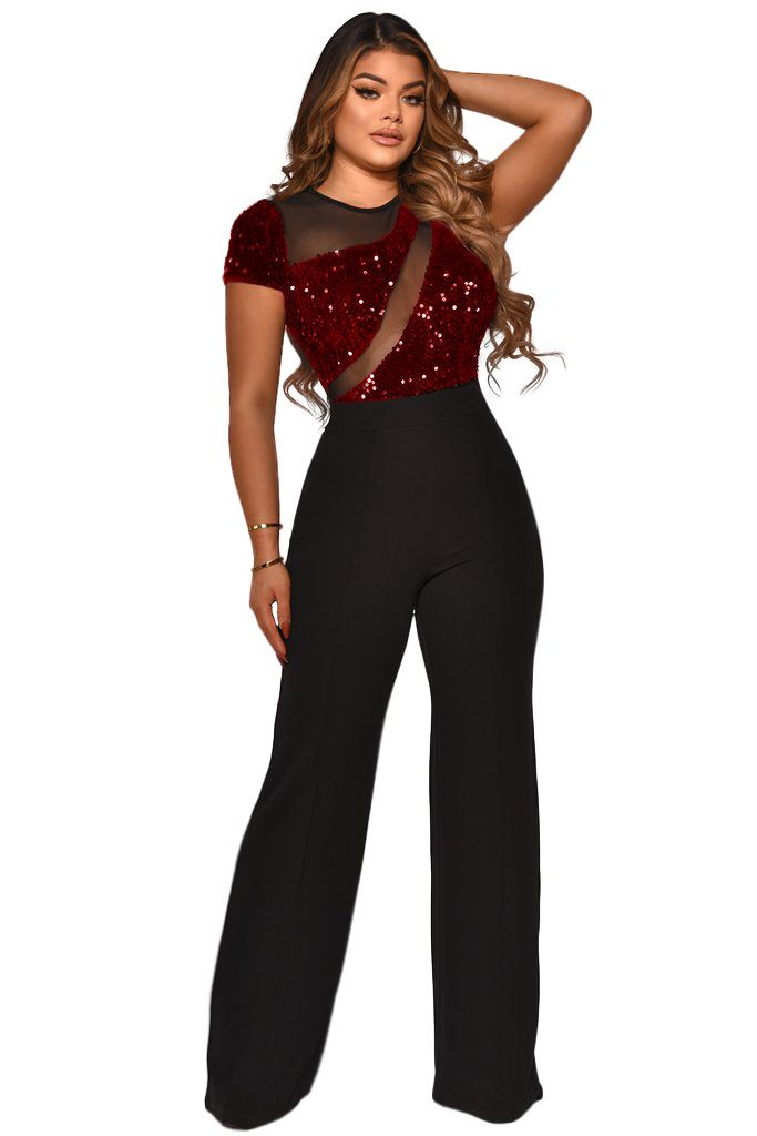 Women's Clothing Sequin Stitching Wide Leg Pants Short Sleeved Jumpsuit_ecoleips.com