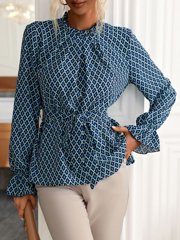 Women's Clothing Elegant Bell Sleeve Long Shirt For Women Stylish Belted Top Elegant Long Sleeved Shirt For Women_ecoleips.com
