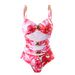 Women's Fashionable Sexy Swimsuit Red One Piece Chiffon Print Swimwear Set_ecoleips.com
