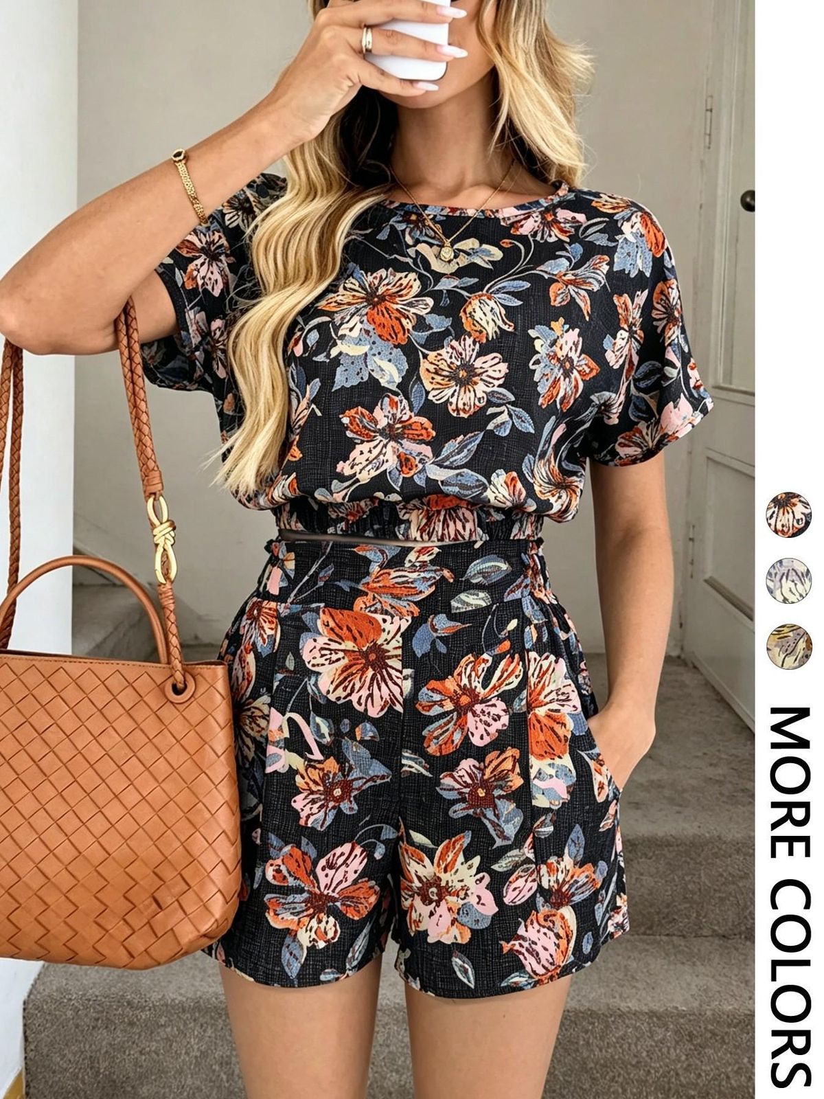 New Women's Floral Print Clothing Set French Style Design Printed Shorts For Casual Wear_ecoleips.com