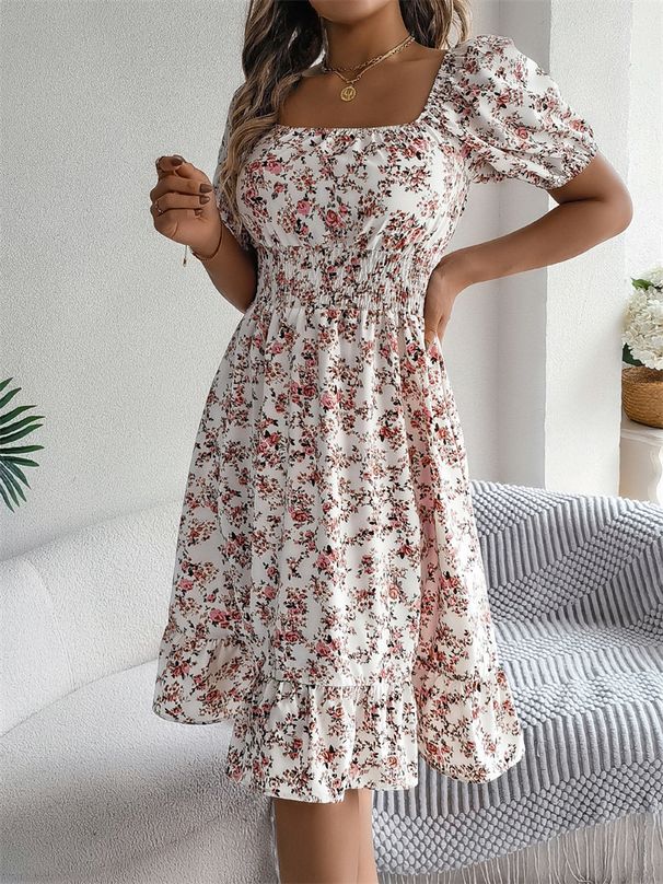 Spring Summer Square Collar Floral Mid-Length Dress Women's Casual Print A-Line Dress_ecoleips.com