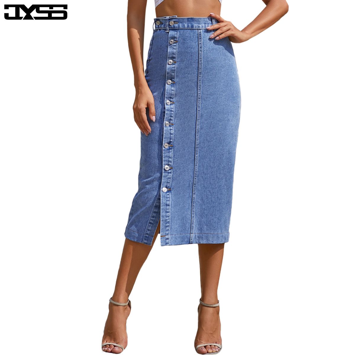 Verve 30291#Plus Size Women's Straight Button A-Line With Slit Denim Long Skirt For Summer_ecoleips.com