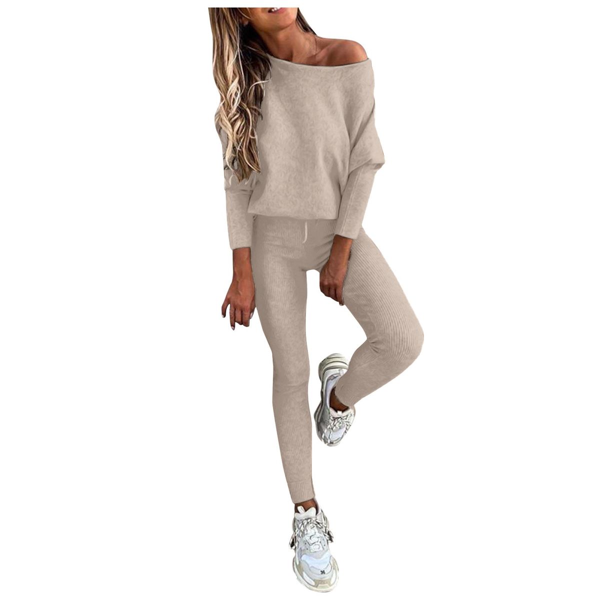 Women's Solid Color Casual Sports Suit Off-Shoulder Tie-Up Top Long Pants Fashionable Long Suit For Women_ecoleips.com