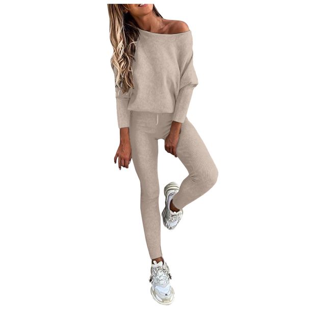 Women's Solid Color Casual Sports Suit Off-Shoulder Tie-Up Top Long Pants Fashionable Long Suit For Women_ecoleips.com