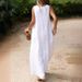Spring/Summer Style: Long-Sleeved, Deep V-Neck White Cotton-Linen Dress In A Large Size_ecoleips.com