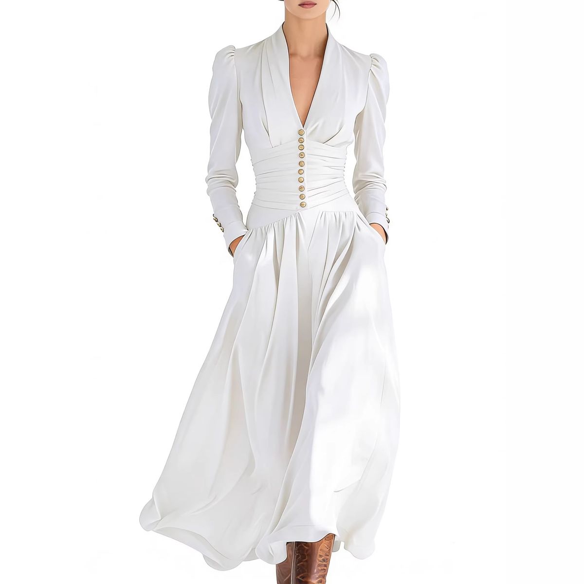 Elegant V-Neck Balloon Sleeve Dress – Satin Wrap Waist With Flared Hem For Weddings & Evening Events (Navy, White, Black, Burgundy, Sky Blue)_ecoleips.com
