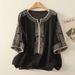 New Chinese Style Cotton-Linen Embroidered V-Neck Short-Sleeve Top, Summer Loose Casual Elegant Mid-Sleeve T-Shirt For W_ecoleips.com
