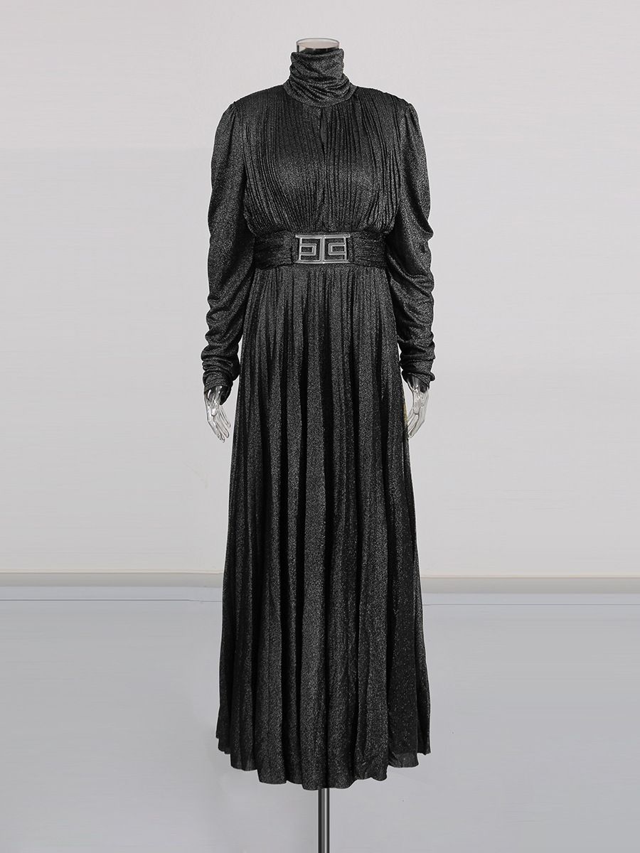 Gilded High-Neck Maxi Dress With Waist-Defining Pleats – Opulent Metallic Jacquard Formal Gown For Banquets & Galas_ecoleips.com