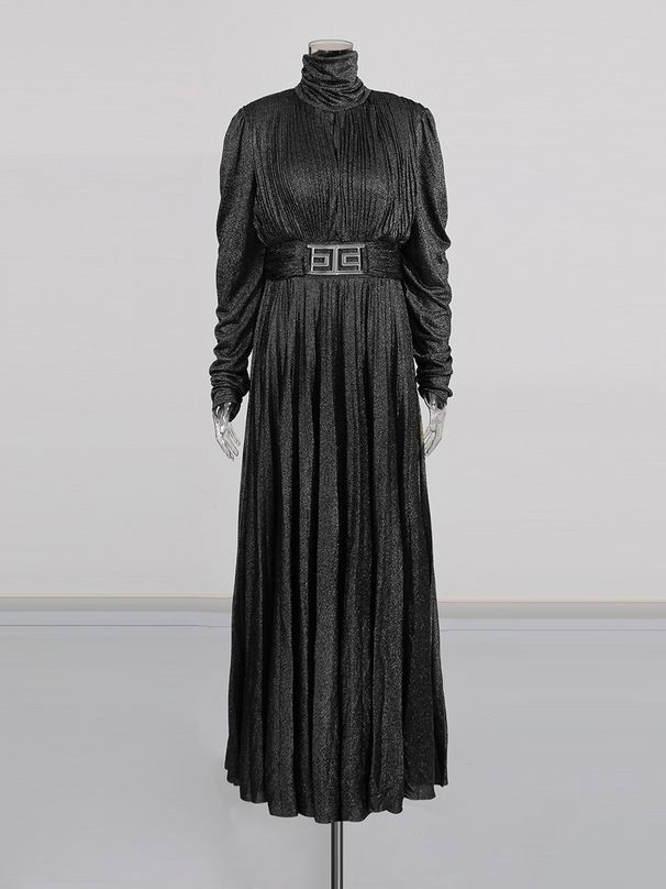 Gilded High-Neck Maxi Dress With Waist-Defining Pleats – Opulent Metallic Jacquard Formal Gown For Banquets & Galas_ecoleips.com