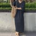 New Women's Loose Short Sleeved V-neck Solid Color Large Cotton And Linen Long Skirt_ecoleips.com