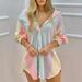 Women's Clothing Long Sleeved V Neck Button Down Striped Shirt For Women_ecoleips.com