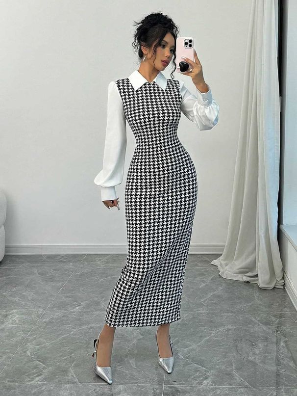 Slim Fit Puff Sleeve Dress For Women Houndstooth Pattern Bodycon Long Skirt_ecoleips.com