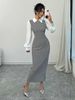 Slim Fit Puff Sleeve Dress For Women Houndstooth Pattern Bodycon Long Skirt_ecoleips.com