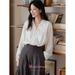 Moriirose White Collared Lace-Up Off-Shoulder Long-Sleeve Shirt For Women, Autumn French Retro Style Top_ecoleips.com