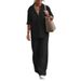 women's clothing bohemian style cotton linen long sve wrap top & wide leg pants set – casual comfort for women (black, y green, wine red)_ecoleips.com