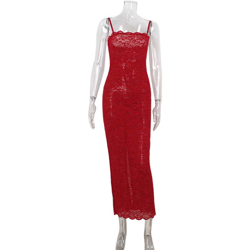 Women's French Style High End Red Lace Strapless Suspender Dress Slim Bodycon Long Skirt Casual Ankle-Length Summer Fashion_ecoleips.com