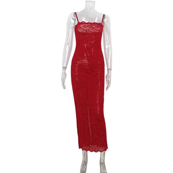 Women's French Style High End Red Lace Strapless Suspender Dress Slim Bodycon Long Skirt Casual Ankle-Length Summer Fashion_ecoleips.com