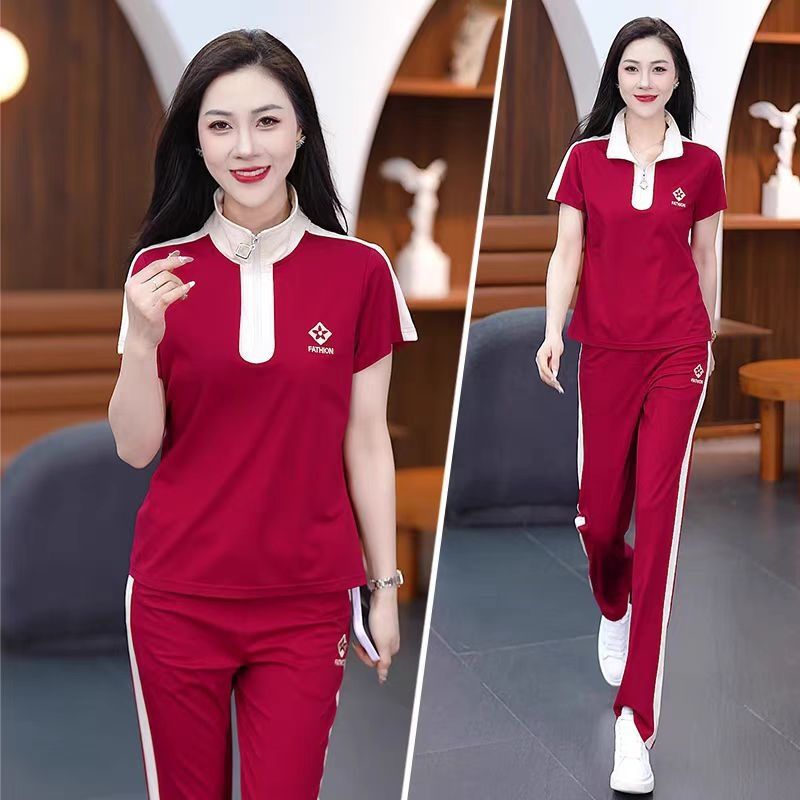 Summer Casual Sports Suit For Women Slimming Fashionable Two Piece Set Short Sleeve Straight Leg Pants Youthful_ecoleips.com