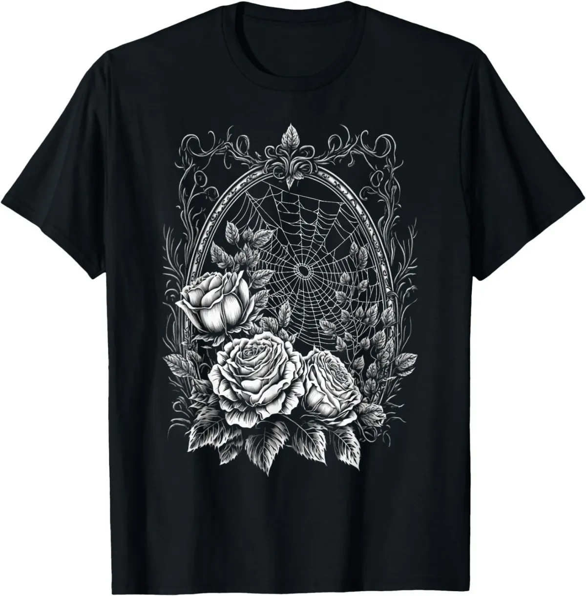 Women's T-Shirts Spider Web With Frame And Roses Halloween Goth Nature Witch T-Shirt_ecoleips.com