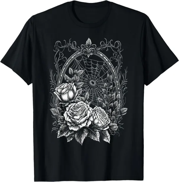 Women's T-Shirts Spider Web With Frame And Roses Halloween Goth Nature Witch T-Shirt_ecoleips.com