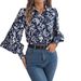 Elegant Color Block Floral Lantern Sleeve Collared Shirt Women's Spring Summer Top Real Shot_ecoleips.com