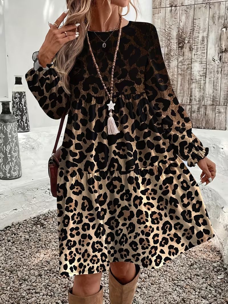 Spring And Autumn Casual Loose Leopard Print Round-Neck Dress_ecoleips.com