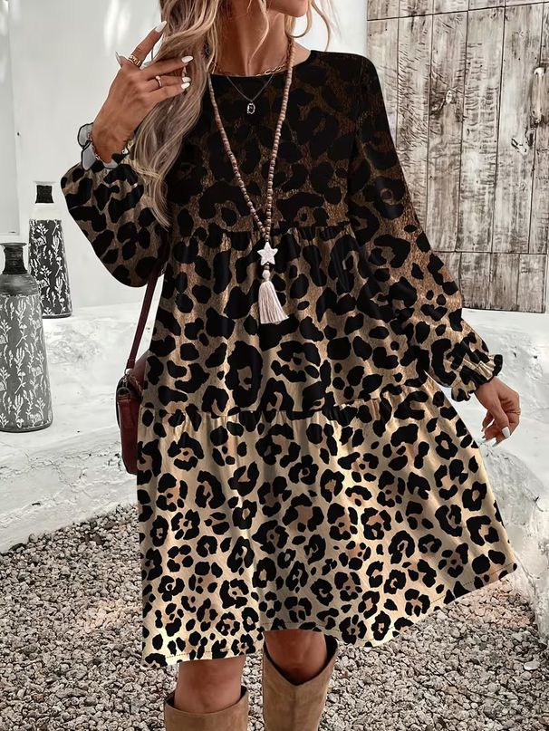 Spring And Autumn Casual Loose Leopard Print Round-Neck Dress_ecoleips.com