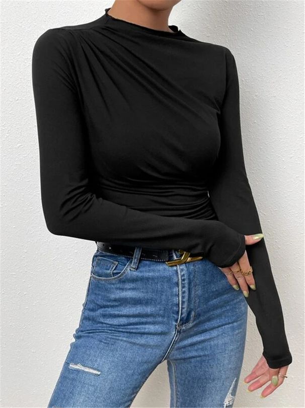 Half Turtleneck European And American Solid Color Slim Bottoming Shirt Versatile Pleated Design Long Sleeved T Shirt Ladies Top_ecoleips.com