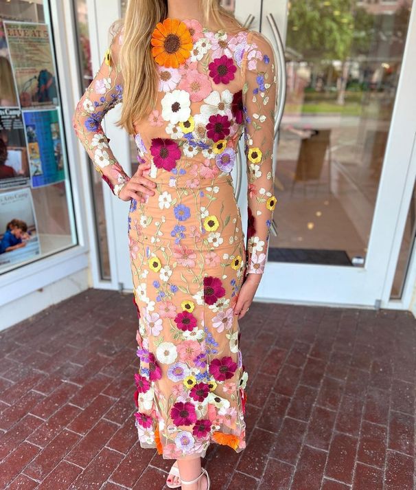 Women's Clothing Spring And Summer Round Neck Colorful Three Dimensional Flower Embroidery Mesh Slim Hip Fishtail Dress Long Skirt_ecoleips.com