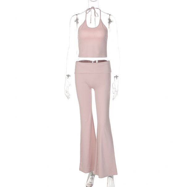 2026 Spring New Sexy Cropped Halter Neck Tank Top Slim High-Waisted Flared Pants Women's Set Wholesale_ecoleips.com