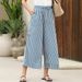 Women's Blue And White Striped Wide Leg Pants Casual Loose Cropped Style With Pockets Spring/Summer New Fashion_ecoleips.com