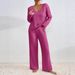 Oversized V-Neck Ribbed Knit Sweater & Lounge Pants Set – Cozy Brushed Polyester Loungewear For Women (Light Gray, Rose, Olive, Charcoal, Navy)_ecoleips.com