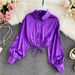 Women's Satin Shirt Unique Design Drawstring Pleated Long Sleeve Slim Fit Short Style Solid Color_ecoleips.com