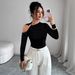 Women's Asymmetrical Off-Shoulder Top Slim Fit with Metallic Decoration Spring New Style_ecoleips.com