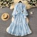French Style Gentle Embroidered Dress Lantern Sleeve Korean Waist Cinching Belted Mesh A-Line Long Skirt For Elegant Commuting_ecoleips.com
