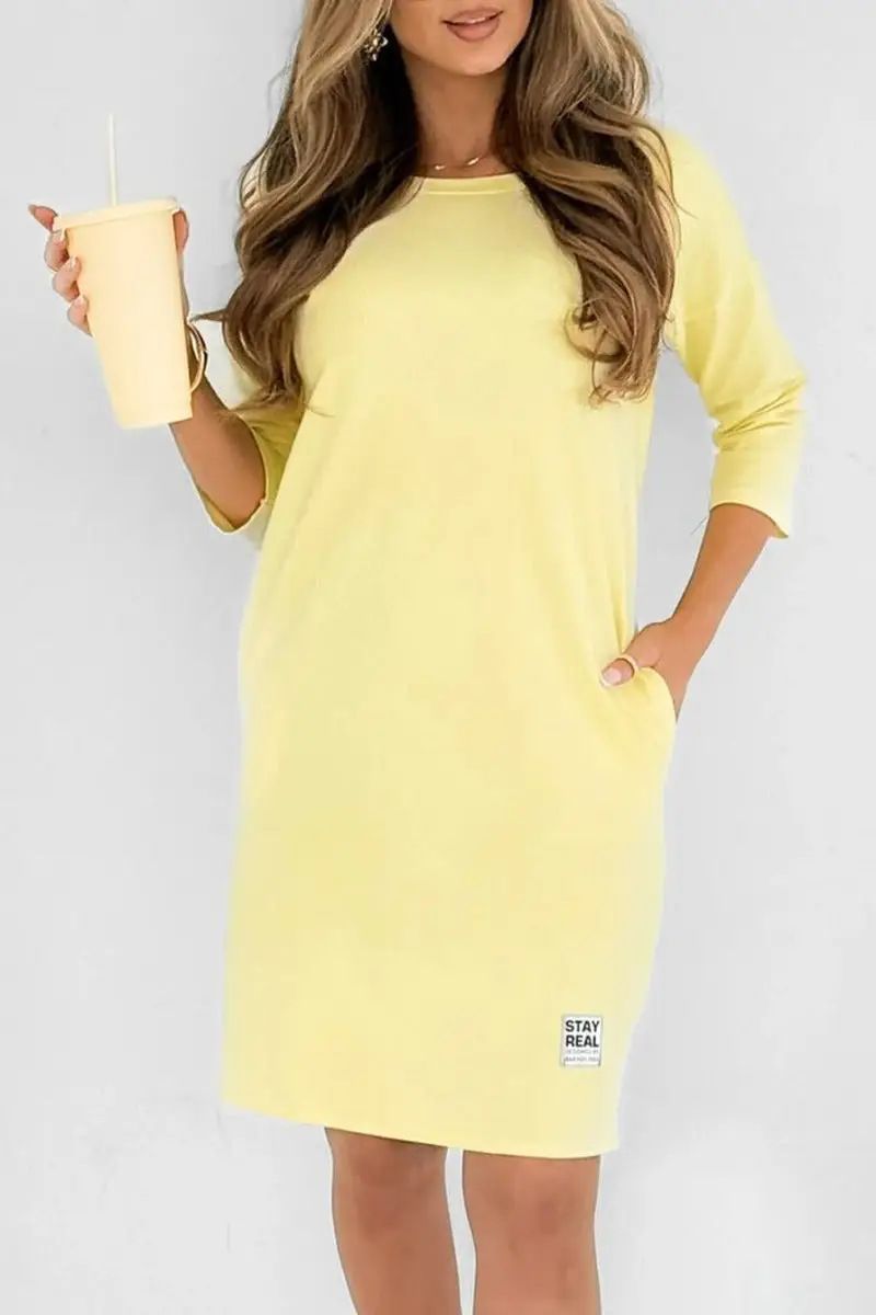 Women's Clothing Solid Color Round Neck Loose Casual Long Sleeved Dress_ecoleips.com