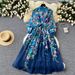 Women's European American Printed Dress Stand Up Collar Long Sleeve High Waist Chiffon Fairy Skirt_ecoleips.com