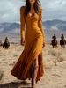 Retro Western Style Button down Ruched Maxi Dress Long Sleeved Sexy Casual Long Dress for Women Suitable for Spring/Autumn Summer_ecoleips.com