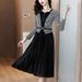 European Style Autumn Fashion Pleated V-Neck Patchwork Slim Slimming Dress With Mid-Length Pleated Skirt_ecoleips.com