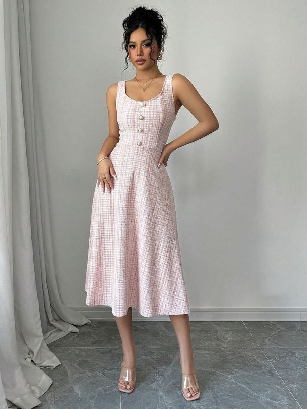 Women's Square Neck Sleeveless Dress Pink Button Front Elegant Summer Midi Dress_ecoleips.com
