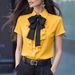 Women's Solid Color Lace-Up Bow Ruffle Short Sleeve Shirt Regular Fit Elegant Fashion Blouse for Spring/Summer_ecoleips.com