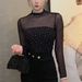 Fashionable Slim Fit Long Sleeve Mesh T-Shirt Half High Collar Shiny Sequins Women's Korean Style Elasticity New Arrival_ecoleips.com