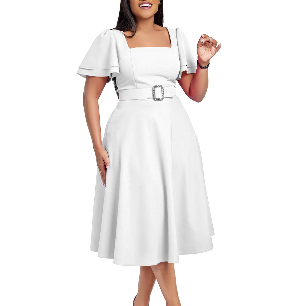 Women's Clothing Horn Sleeve Square Neck High Waist Solid Color Elegant_ecoleips.com