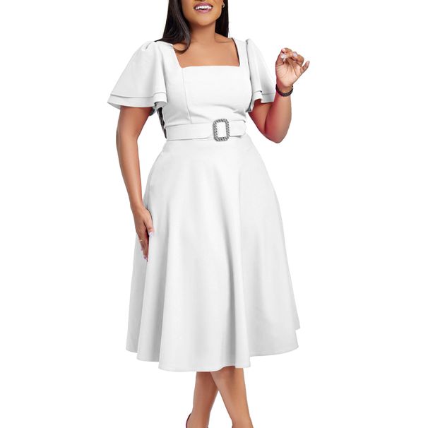 Women's Clothing Horn Sleeve Square Neck High Waist Solid Color Elegant_ecoleips.com