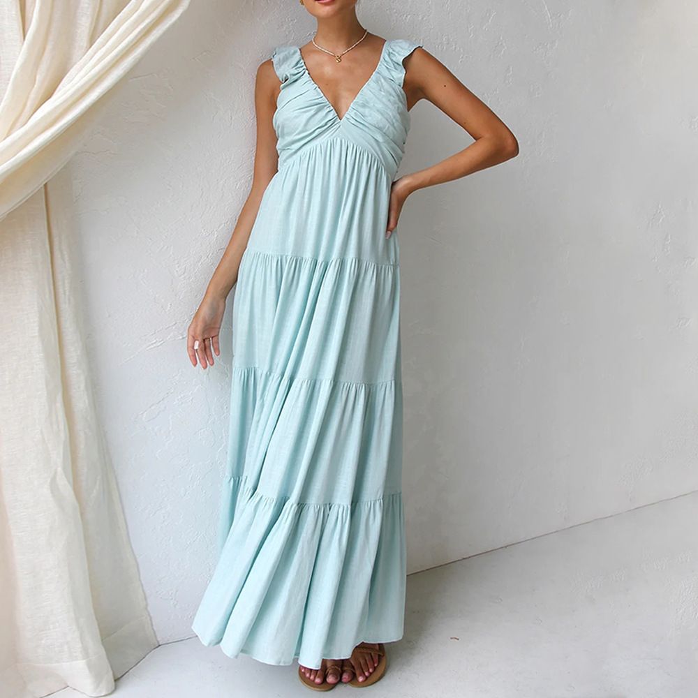 Women's Clothing Spring And Summer V Neck Sexy Cotton And Linen Sleeveless Solid Color Lace Suspender Holiday Beach Dress_ecoleips.com